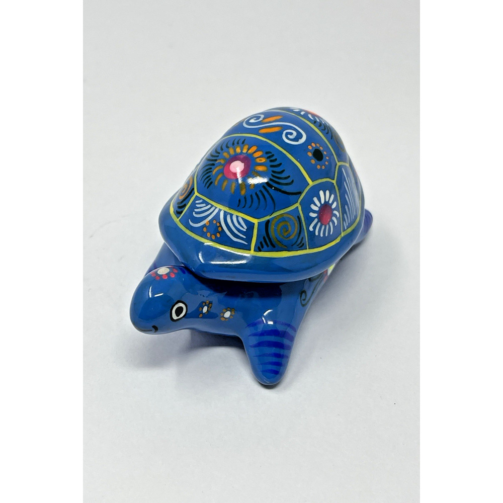 Talavera Mexican Pottery Trinket Box Hand Painted Blue Turtle Vibrant Folk Art